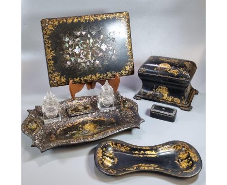 Collection of 19th century papier-mâché and mother of pearl desk and other items to include: double inkwell with tray, blotti