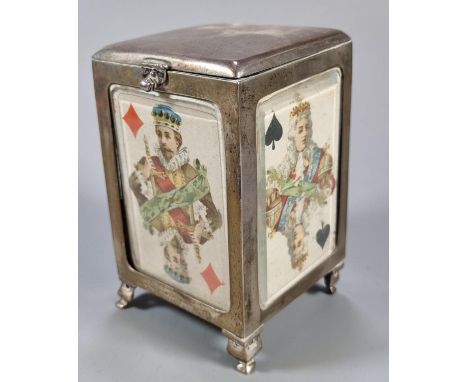 Late Victorian silver playing card box/dispenser with glazed panels of playing cards and sprung interior, By Walker and Hall,