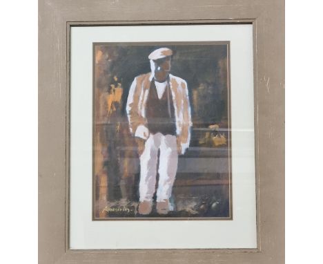 Aneurin  M Jones (Welsh, 1930-2017), 'Dymunialan Groau', full length portrait of a farmer, signed and inscribed verso.  Acryl