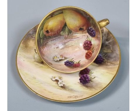 Royal Worcester porcelain demi-tasse hand painted by W Hart with fruits and berries.  Puce printed marks to the base. (B.P. 2