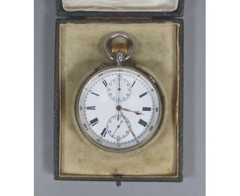 Silver open faced keyless top wind split second chronograph pocket watch, the white enamel face with Roman numerals, sweep se