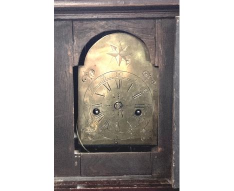 Unusual part 18th century oak long case clock of small proportions, having arched brass face with Roman numerals, two train m