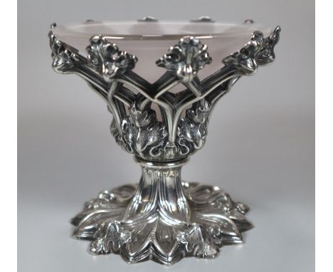 Early Victorian silver and glass table centre piece in Gothic style with oak leaves, by Henry Wilkinson, Sheffield 1839. 2.5 