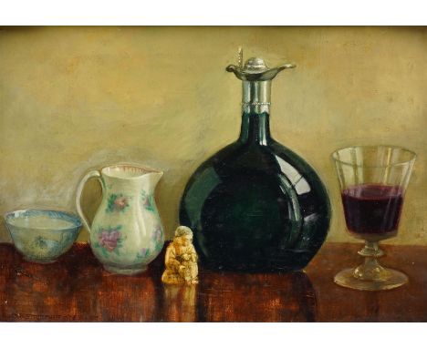 Ida Lillie Strother-Stewart (British 1890-1954): Still Life of Wine and Porcelain, oil on canvas  signed 23cm x 33cm 