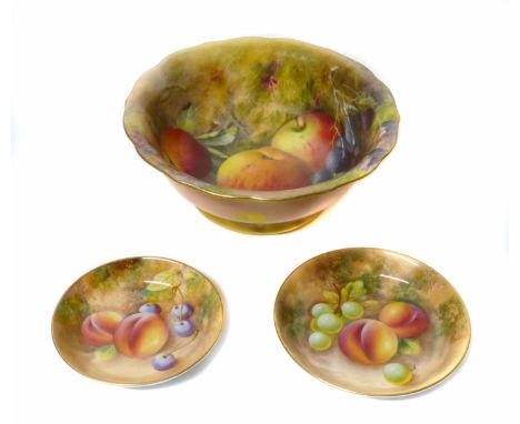 Two Royal Worcester Black Mark Pin Dishes signed Roberts, also a puce mark bowl signed Ricketts No conditions reports for thi