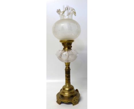 Victorian and Brass Oil Lamp with acid etched globe No conditions reports for this sale.