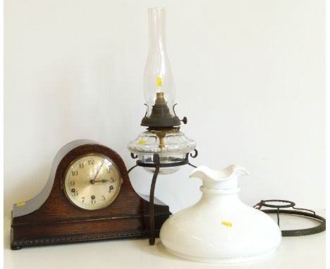 Oak Westminster chime mantel clock and a hanging oil lamp No conditions reports for this sale.