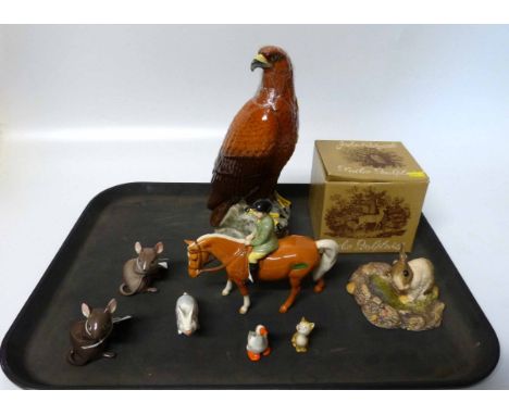 Beswick boy on a pony, eagle decanter, boxed model of Bright Eyes, two mice, pig, cat and a goose. No conditions reports for 