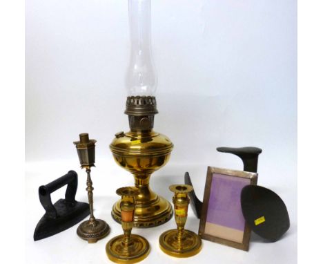 Brass Aladdin  Oil Lamp, flat iron, pair brass candlesticks, eastern style table lighter and silver photo frame No conditions