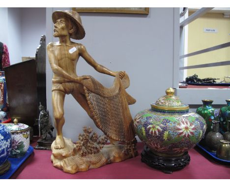 Champleve Enamel Koro, multicoloured floral design of melon form with cover, 19cm high and wooden stand, carved hardwood figu