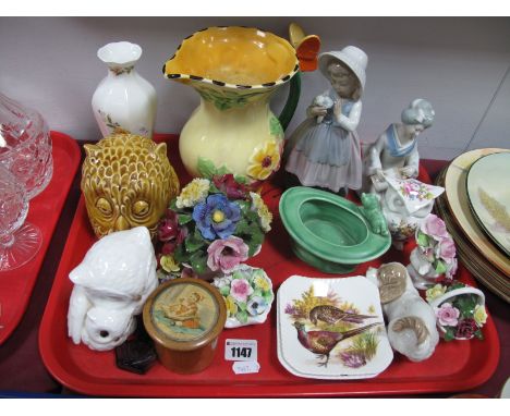 Nao Figurines, Sylvac Owl Money Box, posies, Falcon Art Deco jug (damaged), other ceramics, Treen cylindrical box:- One Tray