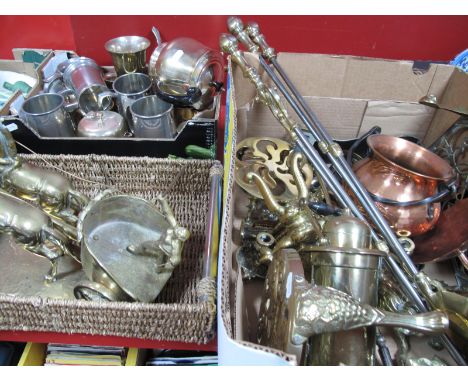 Brass Trivets, fire irons, boot pull, hand carry lamp, chariot, figures, other metal wares:- Two Boxes
