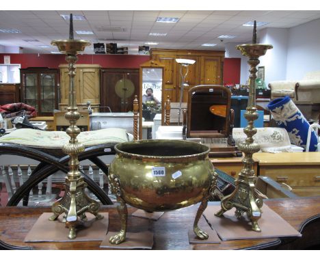 Pair of Brass Altar Candlesticks, each of turned design on tripod base, approximately 58cm high, brass lug bucket of cauldron