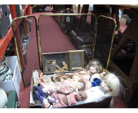 Late XX Century Pottery Dolls, plastic headed sailor, etc:- One Box and Firescreen.