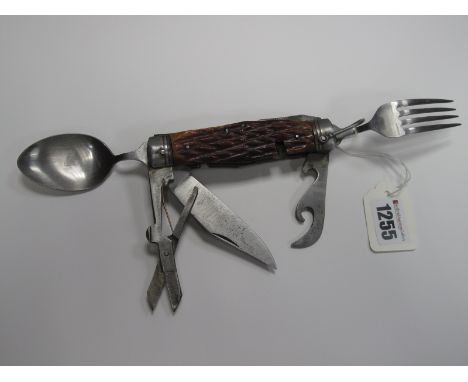 A Japanese Horn Handled Combination Pocket Knife, (cutlery/tools accessories noted).