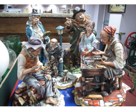 Capodimonte - five models to include Shoemaker with Young Girl, Tramp sewing, Tramp with dog, Tramp bedside a lamp post etc O