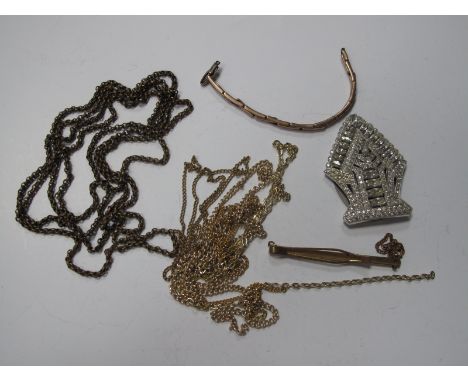 A Guard/Muff Chain, part vintage "9ct and silver" expanding watch bracelet, ornate dress clip, other chains, tie slide.