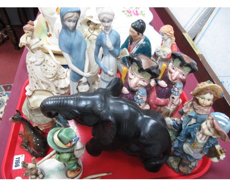 Doulton 'The Poacher', Beswick foal, Melba, Leonardo, Chinese and other figures, ebony elephant:- One Tray