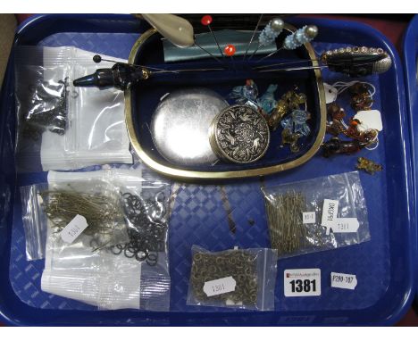 A Jewellery Box, containing various miniature glass animals and fish, hat pins, a compact mirror, a small trinket box and a m