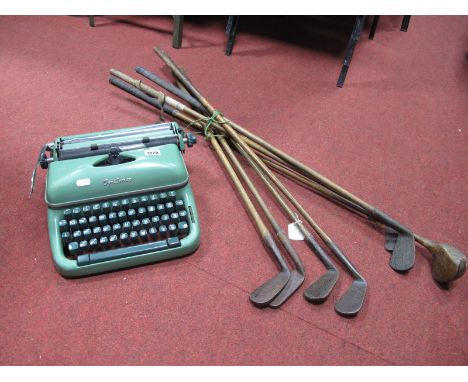 Golf: Seven Hickory Shafted Clubs, including Cunningham, Carnoustie mid iron, driver, mashie, Veb Optima typewriter.