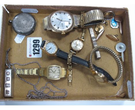 Hallmarked Silver Ingot Pendant, Sekonda gent's wristwatch, ladies wristwatches, cufflinks, fob watch case (damages, stamped 