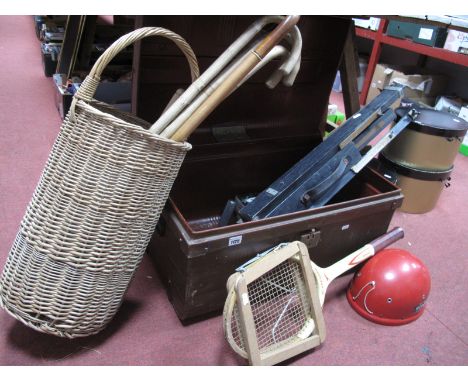 A Mid XX Century Japanned Steel Travelling Trunk, Slazenger tennis racket, tripod 'X Files' books, brass candlesticks, walkin