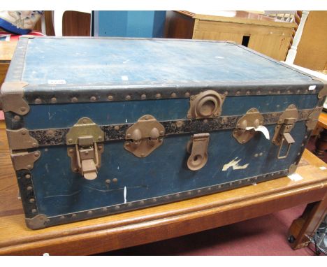 A Metal Bound Travel Trunk, in blue.