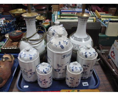 Pair of Chinese Pottery Table Lamps, featuring horses in landscape, six T.C. ceramic kitchen jars.