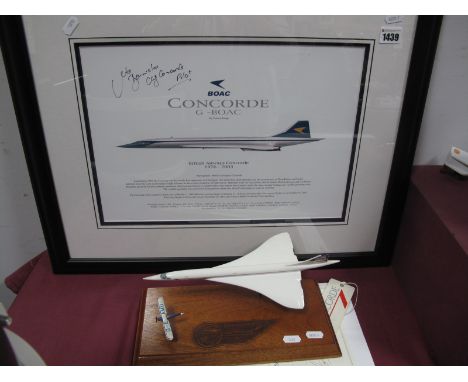 Concorde Print, BOAC, signed by the pilot Mike Bannister, model of Concorde, Concorde cabin baggage label.