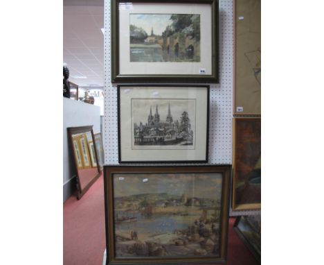 G.E. Spotswood, Bakewell Watercolour, 24.5 x 36cm, signed James Priddey 'Lichfield Cathedral' etching, 22.5 x 30cm, St Ives p