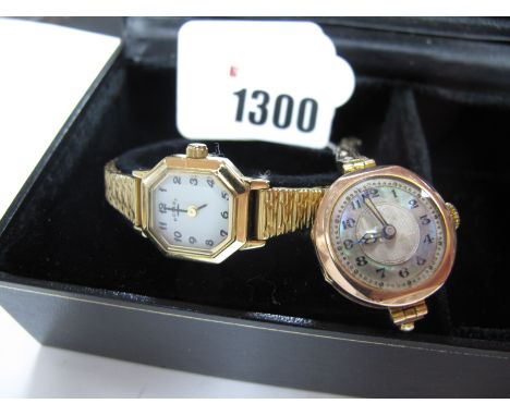 A 9ct Gold Cased Ladies Wristwatch, the shell inset dial with Arabic numerals, within plain case, on expanding bracelet; toge