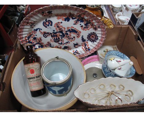 Wedgwood Blue Jasperware Biscuit Barrel, with plated lid and base, T.G. Green mixing bowl, meat plate, Radford condiments, pl
