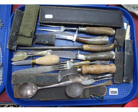 Cut Throat Razors, carving tools, cased mother-of-pearl handled knife by Parkin and Marshall, etc:- One Box