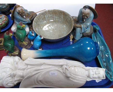 Oriental - Celadon Pottery Model of an Immortal, 36cm high, blue glaze bulbous vase, figures, pen stand (damaged) etc:- One T