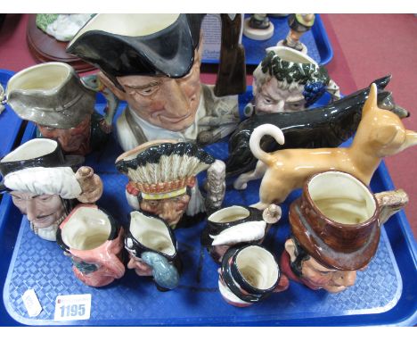 Royal Doulton Character Jug: 'Gunsmith' D6573, eight others by Doulton smaller, one other, two model dogs:- One Tray
