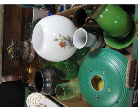 Oil Lamp, Swedish green glass speckled shallow dish, crackle ware jugs, tumblers, Bretby posy 23.5cm, diameter, Watcombe pott