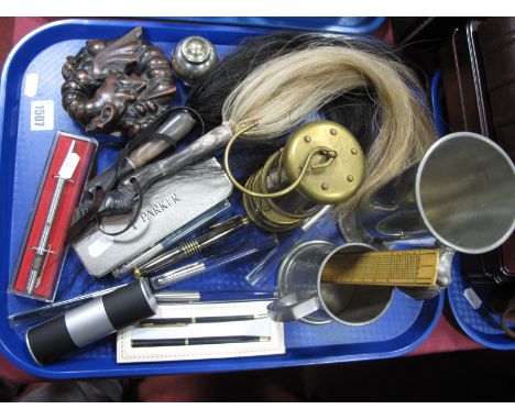 Horse Hair Whips, novelty brass miners lamp, Parker and other pens, tankards etc:- One Tray