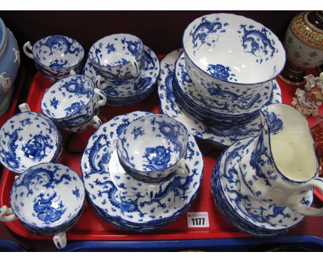 A XIX Century Asbury China 'Dragon' Pattern Twelve Setting Tea Service, blue and white transfer print, matching milk and suga