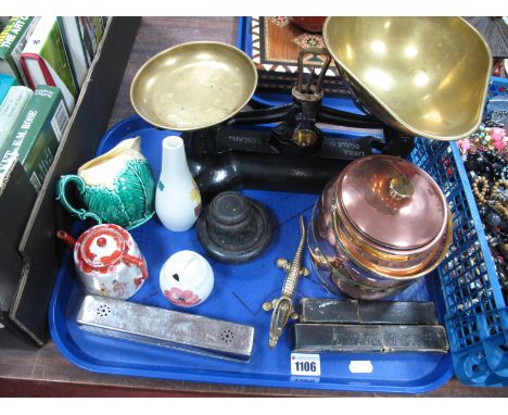 Libra Scales Having Brass Pans and Iron Weights, copper tobacco barrel, Radford, Wedgwood, etc.:- One Tray