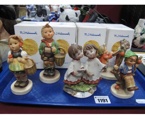 Goebel Figures, four small boxed examples, including 'Once Upon a Time', 'Lets Play', four larger, unboxed examples ( one dam