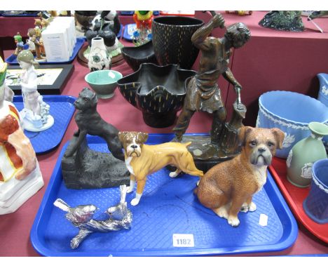 A Standing Boxer Dog (Possibly Beswick), a bronzed resin boxer inscribed 'J.L.Spouse', further boxer, model Blacksmith etc.