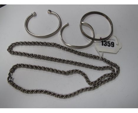 A Long Fancy Link Chain, of uniform design, stamped "925"; together with a torque style bangle, etc. (4)
