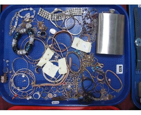 A Mixed Lot of Assorted Costume Jewellery, including rings, earrings, bracelets etc and a hip flask:- One Tray