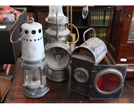 An unnamed miner's safety lamp to/w a 'Joseph Lucas Ltd, Birmingham Type 535 King of the Road car lamp and 'Sherwoods' lamp (