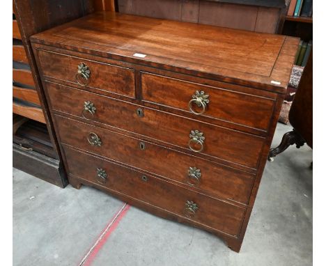 A George III mahogany crossbanded chest of two short over three long drawers raised on shaped bracket feet, 92 cm w x 45 cm d
