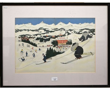 Barbar the Elephant skiing print, published 1936, 35.5 x 52 cm