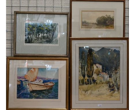 Mixed pictures including May Monckton Mediterranean harvest watercolour, signed, 48 x 37 cm; Mo Ashley Lemon Grove print; Law