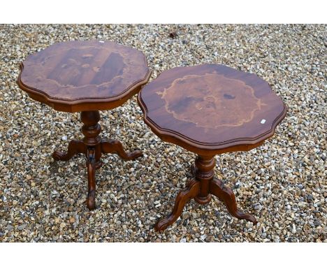 A pair of reproduction Italian style inlaid lamp tables