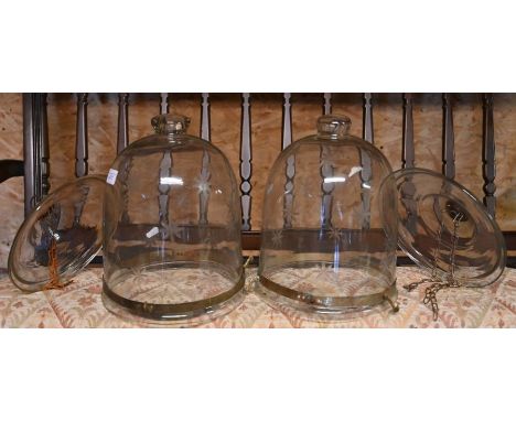 A pair of vintage starburst cut glass hundi style pendant light shades with engraved brass collars, dome height 29 cm x dia. 