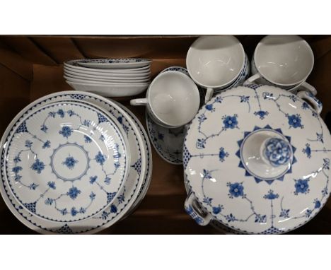 A pottery 'Strawflower' pattern dinner/tea service (1 x lidded tureen, 8 x cups, 2 x shallow saucers, 6 x deeper saucers, 9 x